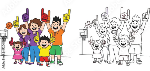 Cheering Family at Basketball Game - Enthusiastic Fans with Foam Fingers