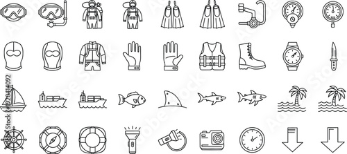 Marine and Diving Line Icons Set Featuring Scuba Gear Ships Sharks Compass and Nautical Elements Vector Collection