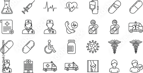 Medical and Healthcare Line Icons Set Featuring Doctors Ambulance Medicine Virus and Emergency Services Vector Collection