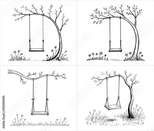 four cozy hand drawn tree swing sketches featuring whimsical garden scenes and nostalgic backyard landscape line art design vector illustration artwork