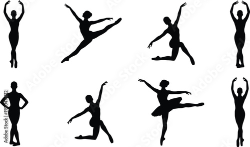 Collection of ballet dancer silhouettes isolated on white background, graceful ballerina poses in various positions, classical dance vector illustration set for performance and art design