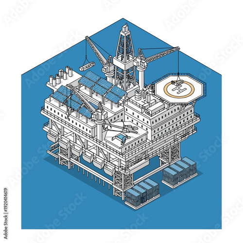 Detailed Isometric Illustration of an Offshore Oil Rig Platform.