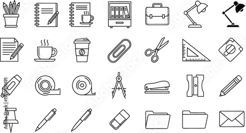 Office and School Supplies Line Icons Set Featuring Stationery Coffee Desk Accessories and Workspace Equipment Vector Collection
