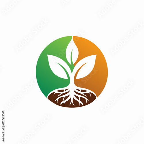 Green sprout with roots growing from earth circle logo vector illustration