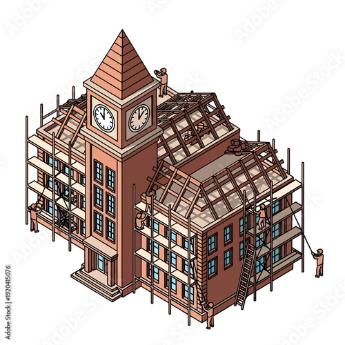 Isometric illustration of a building under construction with a clock tower.