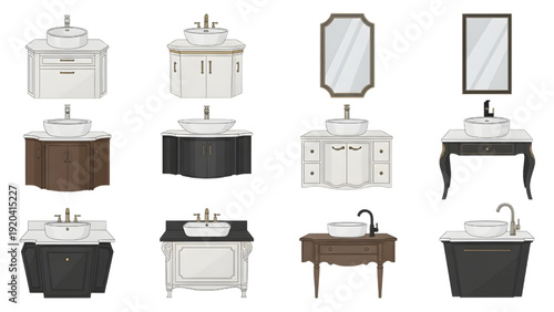 Modern Countertop Wash Basin on Vanity Cabinets Vector Bundle – Bathroom Plan View CAD Set