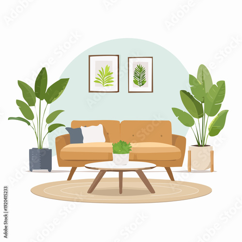 Cozy Living Room with Plants and Artwork on Light Blue Wall