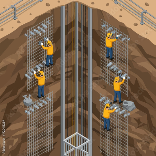 Construction workers installing metal mesh on a deep excavation site.