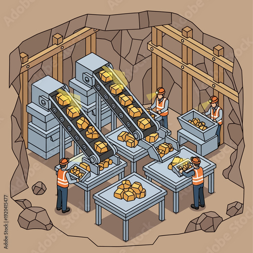 Underground gold mining operation with workers sorting gold nuggets.