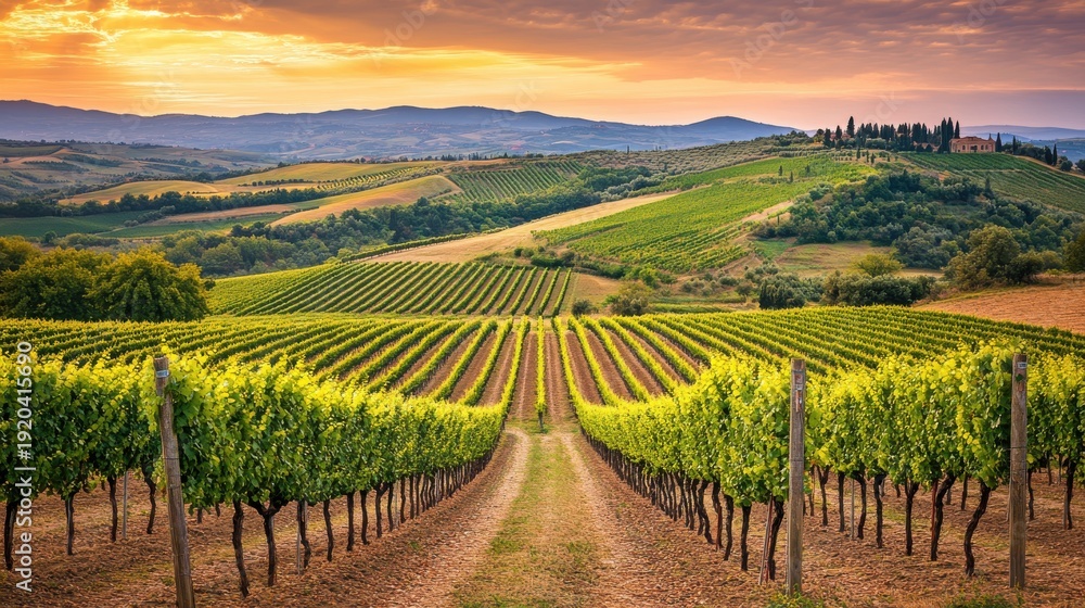 Fototapeta premium Rows of Grape Vines on a Tuscan Hillside at Sunset