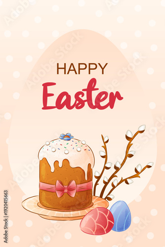 Happy Easter simple greeting card. Easter cake with sugar icing and colored eggs. Textured vector illustration. Watercolor effect.