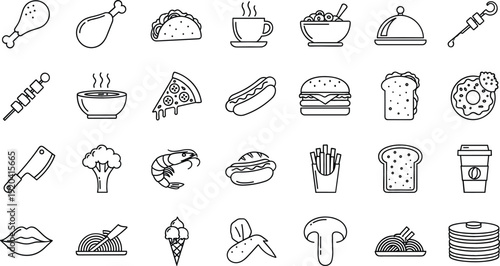 Fast Food and Restaurant Line Icons Set Featuring Burger Pizza Coffee Sushi and Dessert Vector Collection