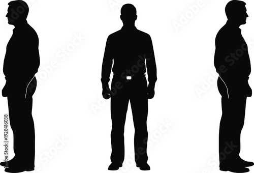 Black silhouettes of a man wearing a button down shirt and trousers shown in front and side profile views