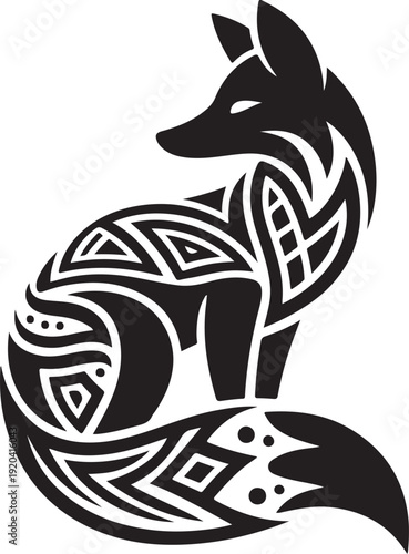 Elegant Black Tribal Fox Vector Illustration with Geometric Patterns