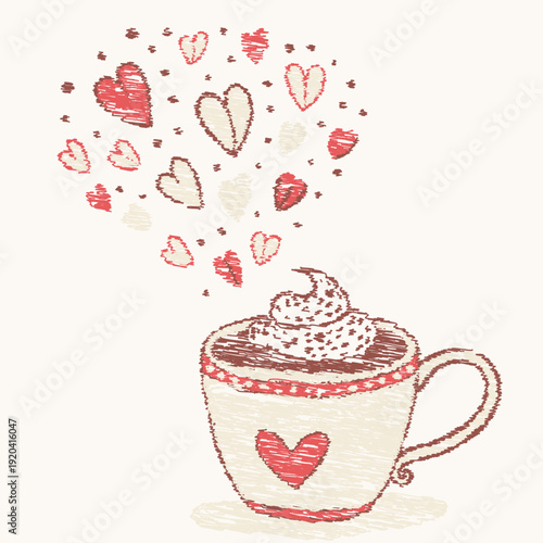 Vector illustration of hot cocoa cup with floating colorful hearts instead of steam for Valentine's Day
