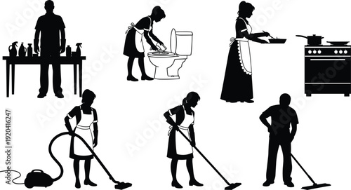 Collection of black silhouettes of people performing household chores including vacuuming mopping cooking cleaning a toilet and organizing supplies vector