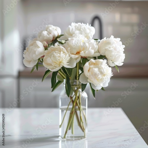 luxury white peony bouquet in a glass vase, modern kitchen table, realistic photo interior