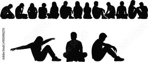 Collection of black silhouettes of people sitting on the ground in various poses expressing sadness loneliness and thoughtful contemplation