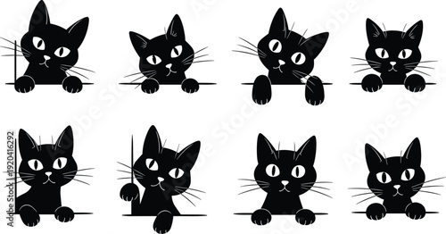 Collection of eight black cat silhouettes peeking over a edge with different head tilts and expressions isolated on white background