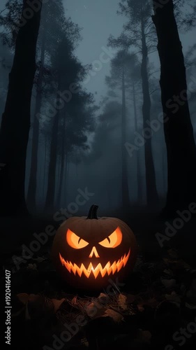 Glowing Halloween pumpkin in dark misty forest with copy space