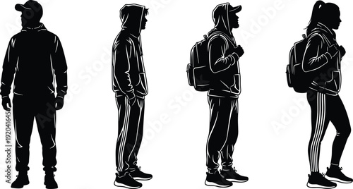 Collection of four black silhouettes of men and women wearing hoodies and backpacks in standing and side profile views