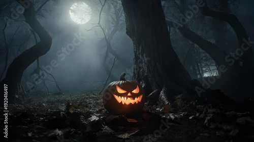 Glowing Halloween pumpkin in dark misty forest with copy space