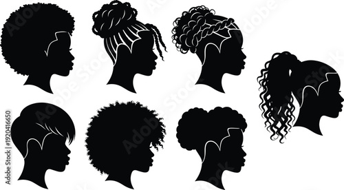 Collection of seven black silhouettes of African American female head profiles featuring diverse natural hairstyles braids buns and afro textures