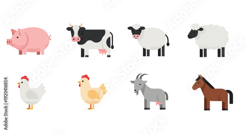 Diverse flat design collection of farm animal illustrations pig, cow, sheep, chicken, goat, horse. Ideal for kids' education, agriculture, and general graphic design projects