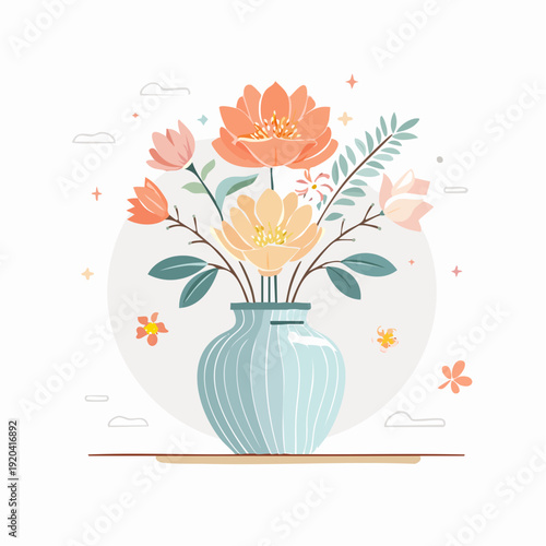 Spring Flower Arrangement in a Blue Striped Vase with Delicate Accents