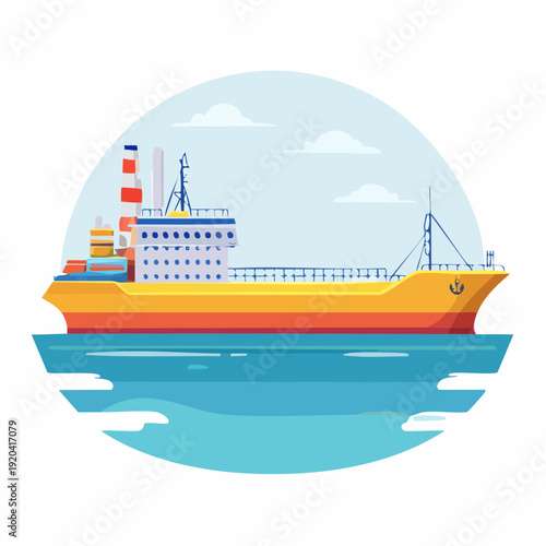Large yellow cargo ship sailing on calm blue water with white clouds in background