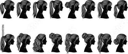 Large collection of sixteen black female head profiles featuring highly detailed hairstyles including ponytails buns and long wavy textures