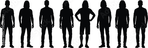 Large collection of eight black silhouettes of men in casual clothing standing in various front and slightly angled poses