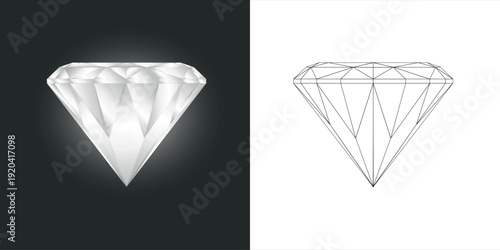 Round-cut diamond view, isolated on a black background - side view, real diamond and mark. It can be used as part of a logo, icon, web decoration, or other designs.