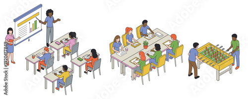 Corporate Teamwork Concept Isometric Workspace Training and Break Room Illustration