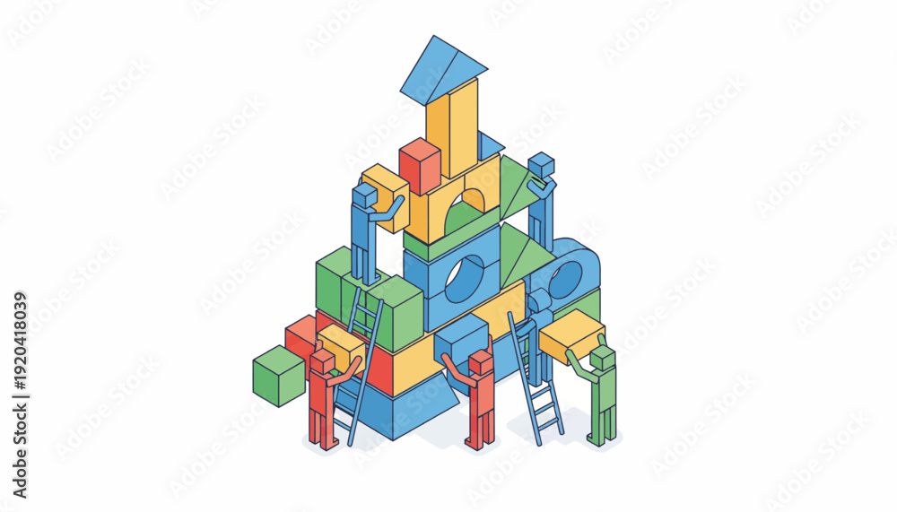 Fototapeta premium Teamwork and Collaboration Isometric Flat Vector Illustration on White Background. Clean isometric flat vector illustration of a business team working together, representing teamwork and collaboration