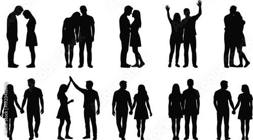 Collection of couple silhouettes isolated on white background, romantic man and woman standing, walking, embracing and celebrating poses, black vector illustration set for relationship design