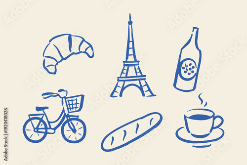 French doodle icons  croissant coffee vector illustration