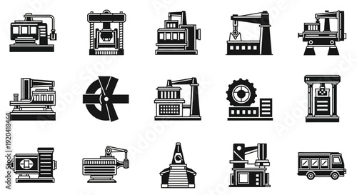 Manufacturing machinery icons set, industry equipment