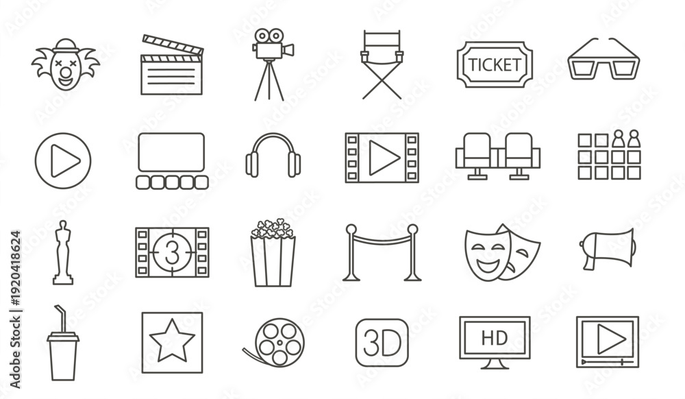 Fototapeta premium Cinema line icons set, vector illustration. Movie linear design elements