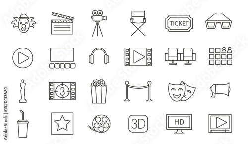 Cinema line icons set, vector illustration. Movie linear design elements
