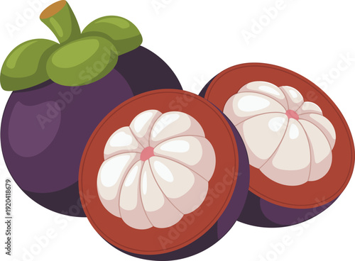 Fresh Mangosteen with Cut Sections Isolated on Transparent Background Tropical Fruit Concept