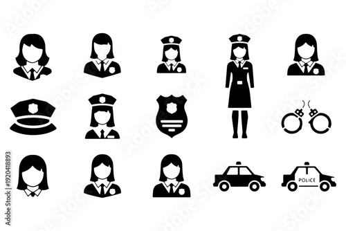 Policewoman Solid Icon Set Simple Shapes Vector Female Police Officer Law Enforcement Illustration