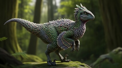 A dinosaur standing on a moss-covered rock in a lush forest, viewed from the side, showcasing its green and grey scales