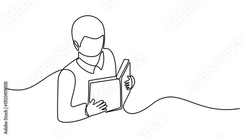 Continuous line drawing of a person reading. Smart boy sitting and reading book. Continuous one line drawing of Young boy reading book outline vector illustration. Editable stroke