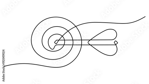 Continuous one line drawing of arrow in center of target. Single line art minimalist hand drawn vector illustration