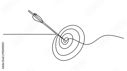 Continuous one line drawing of arrow in center of target. Single line art minimalist hand drawn vector illustration
