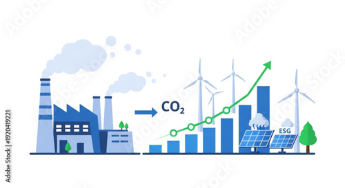 Green Energy Investment Growth Graph with Solar Panels and Wind Turbines Replacing Fossil Fuel Power Plant Emissions