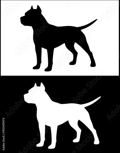Dog icon, vector illustration of an American Pitbull Terrier, black and white in silhouette design, with original and negative versions