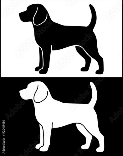 Dog icon, vector illustration of beagle, black and white in silhouette design, with original and negative versions