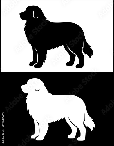 Dog icon, vector illustration of a Bernese mountain dog, black and white in silhouette design, with original and negative versions